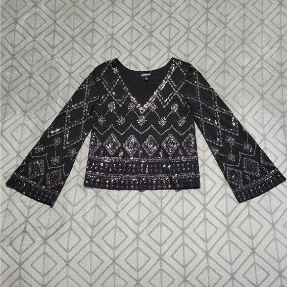 Express Black Sequin V Neck Crop Wide Sleeve Dressy Classy Chic Western Blouse - Picture 1 of 5